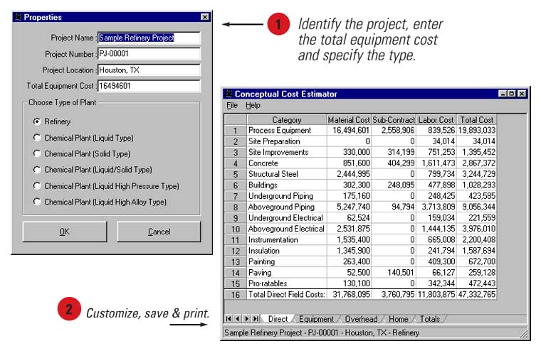 Conceptual Cost Estimator Screen Captures